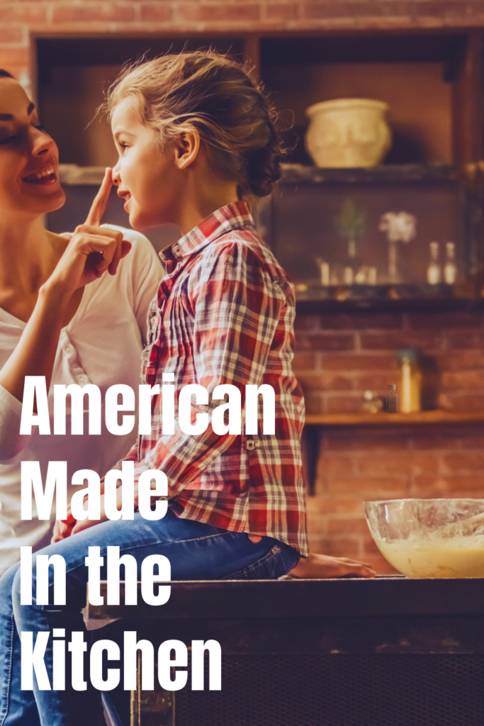 This image is on a mom and young daughter in a kitchen and is linked to article about american made kitchen products. 