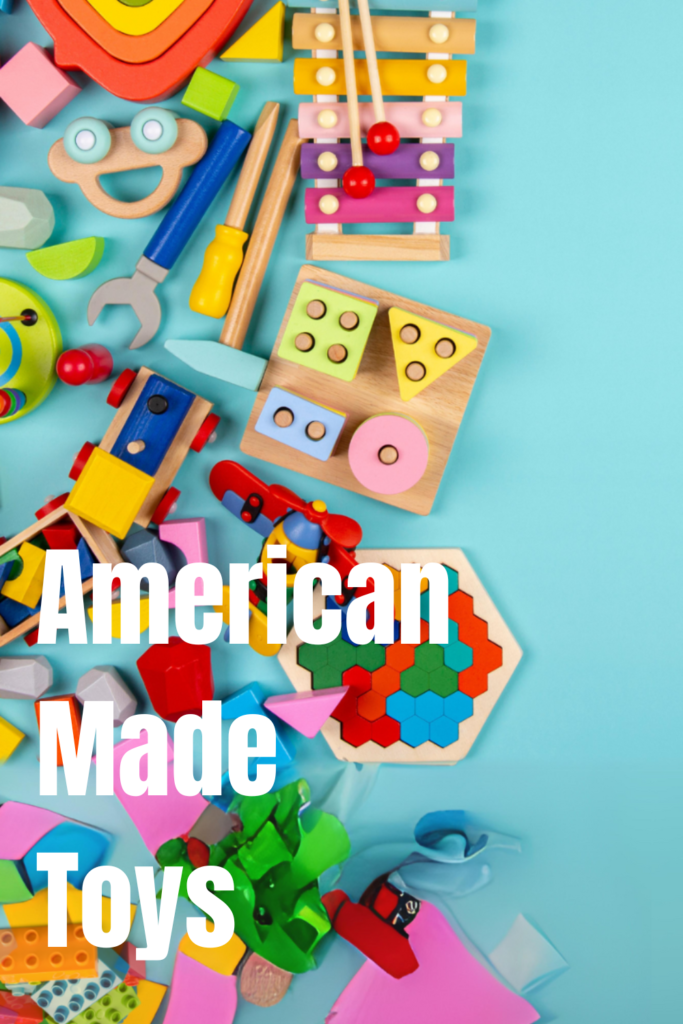 Image is of wooden toys, toddler toys, montessori toys and is a link to article about american made toys